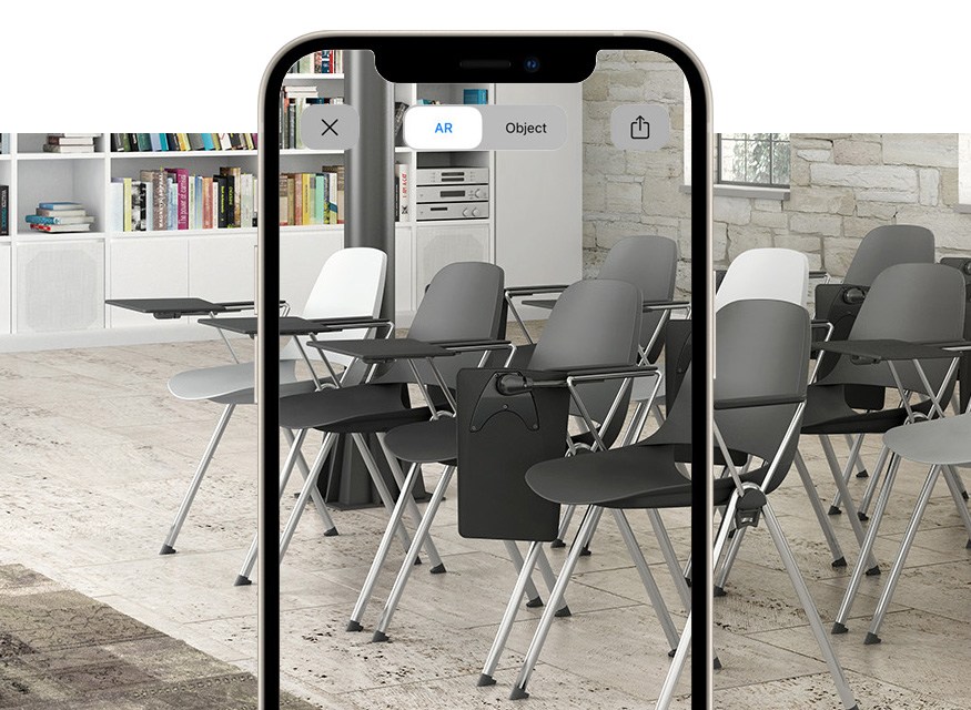 View the 4 legs stacking armchair with writing tablet for congresses, training rooms and seminars with augmented reality Cosmo